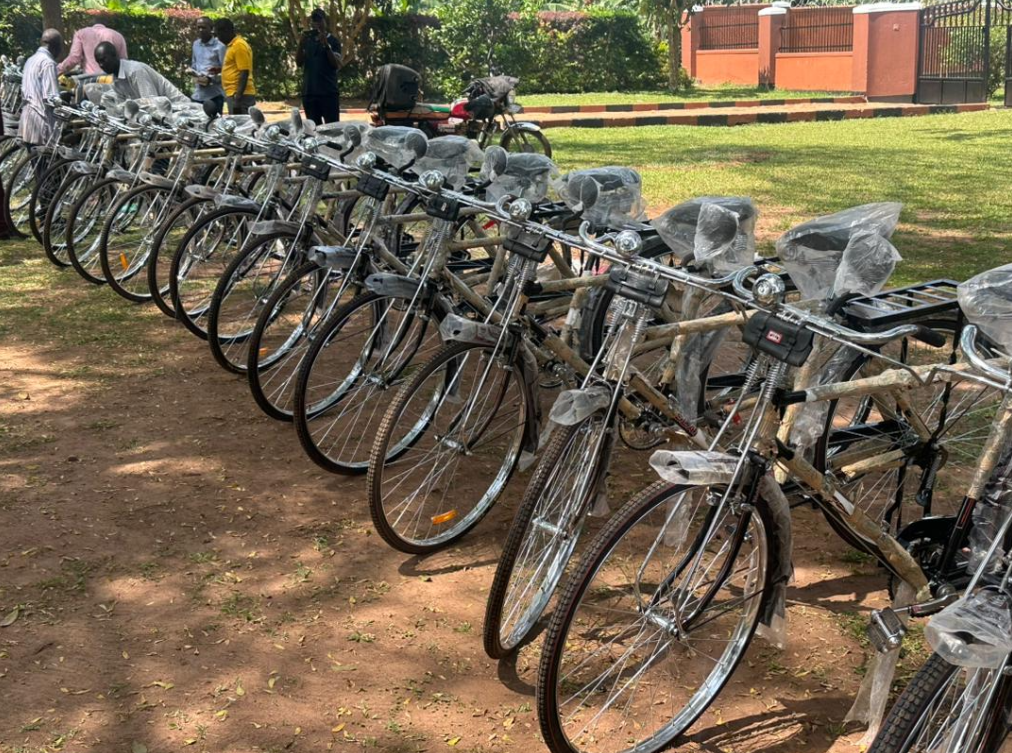 A line of new bicycles prepared for distribution in Uganda